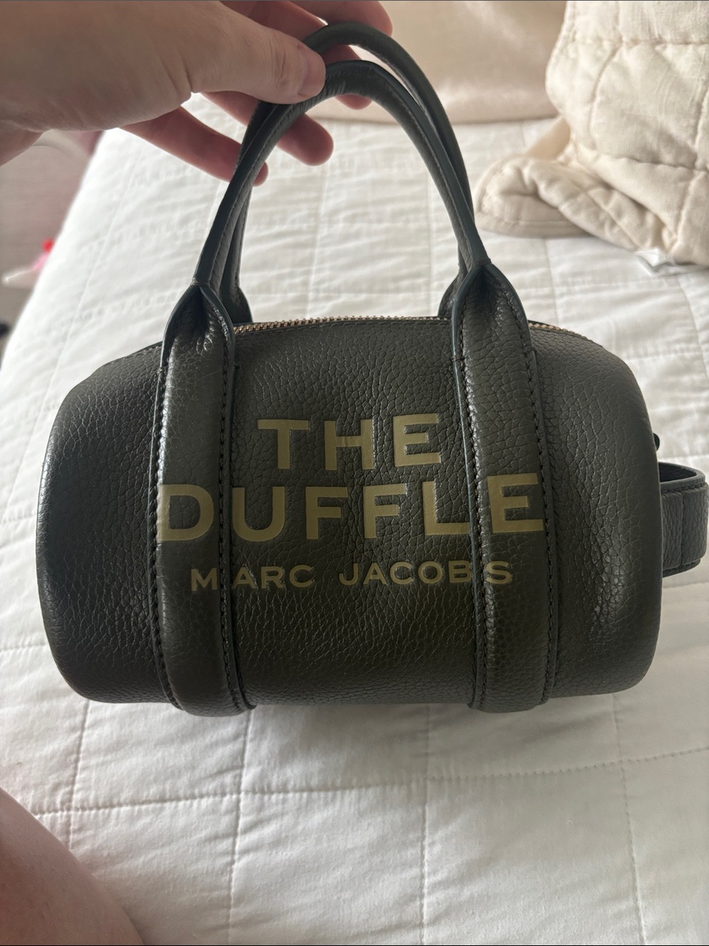 Marc Jacobs The Duffle Small Leather Duffel in Olive Green with Gold Logo